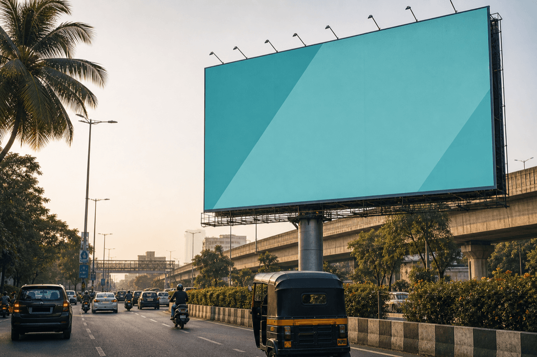 Large-format AD2WAY outdoor advertising billboard in an urban setting